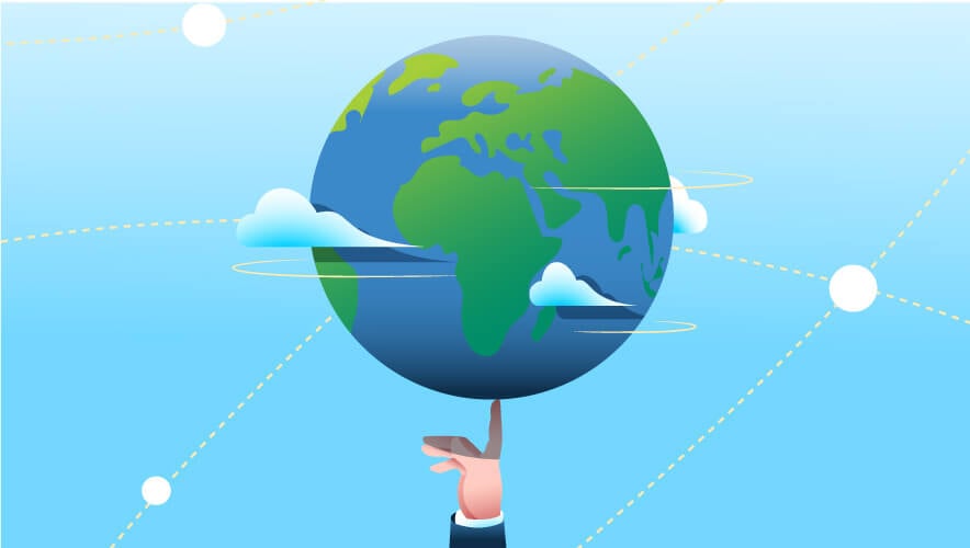 An illustration of a hand is shown balancing a globe like a basketball on one finger. 