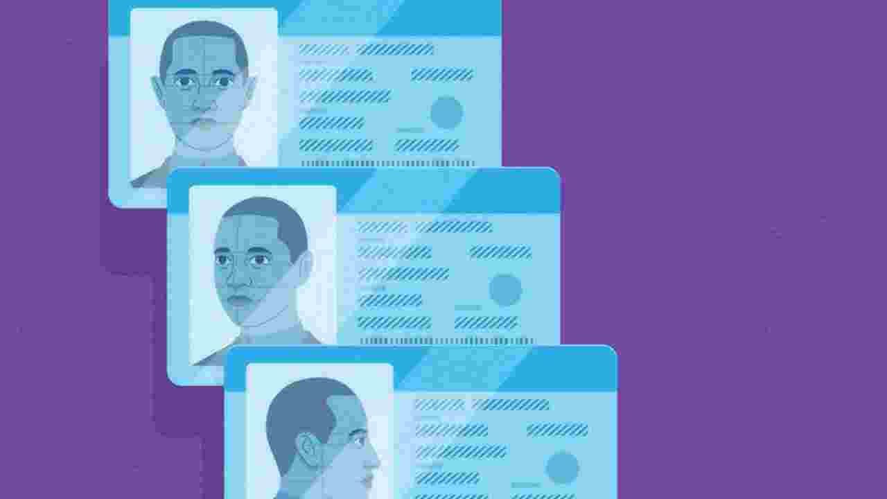 A series of cascading security blue ID cards on a purple background. How has the security clearance process changed?