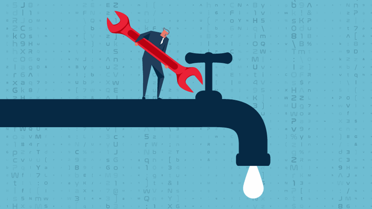 Illustration of a tiny man standing on a water pipe with a wrench. The background has a waterfall with jumbles of a cyberattack code.