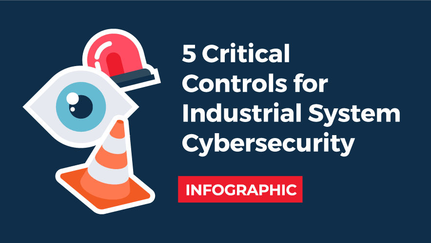 Illustration of icons featuring an orange cone, an eye, and a red alarm light. Text reading "five critical controls for industrial system cybersecurity".