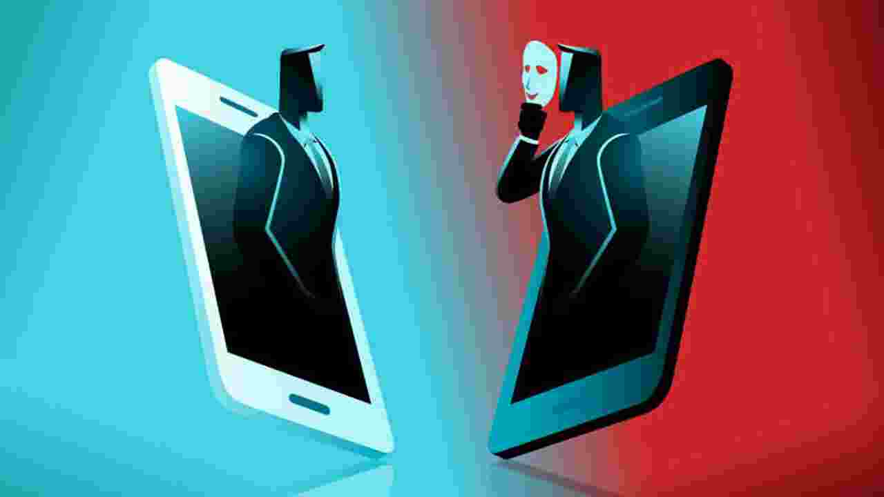 illustration of two figures in two smartphones facing each other, with one figure masked, showing he is an imposter or a deepfake