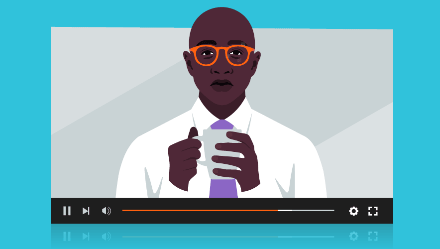 Illustration of a black male businessman pictured holding a cup of coffee in a video, but part of his face is pixelated, showing that the video is deepfake or maliciously altered