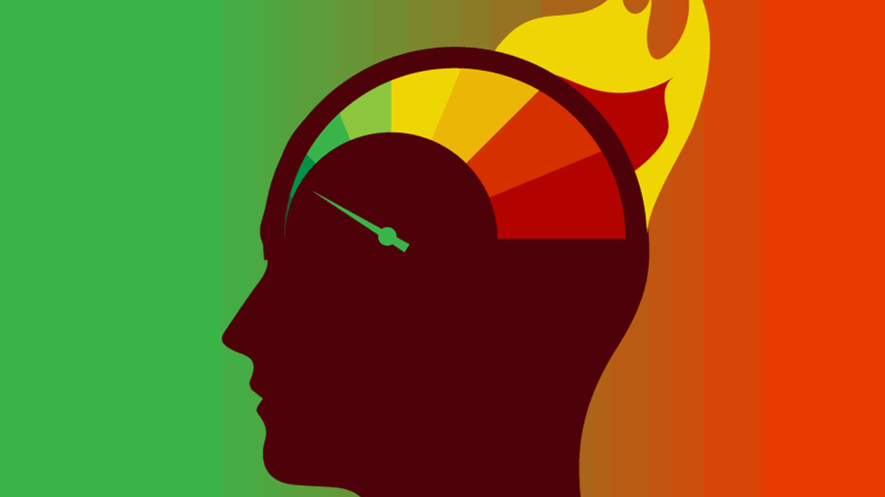 Illustration of a head with a  odometer display colors ranging from cool to hot. Controlling Stress Responses for Better De-Escalation 