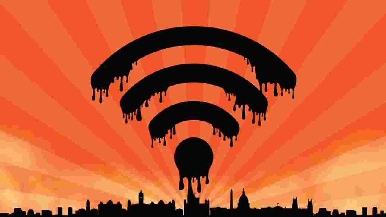 Illustration of a melting, black wi-fi symbol on a bright orange background. The skyline of Washington DC runs across the bottom and subtle smoke is simmering out of the city. 