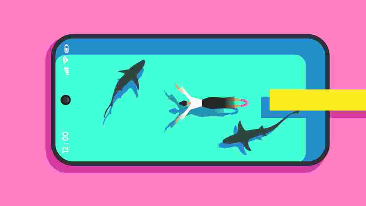 Illustration of female security professional diving into a blue pool in the shape of a smart phone with two sharks circling inside.