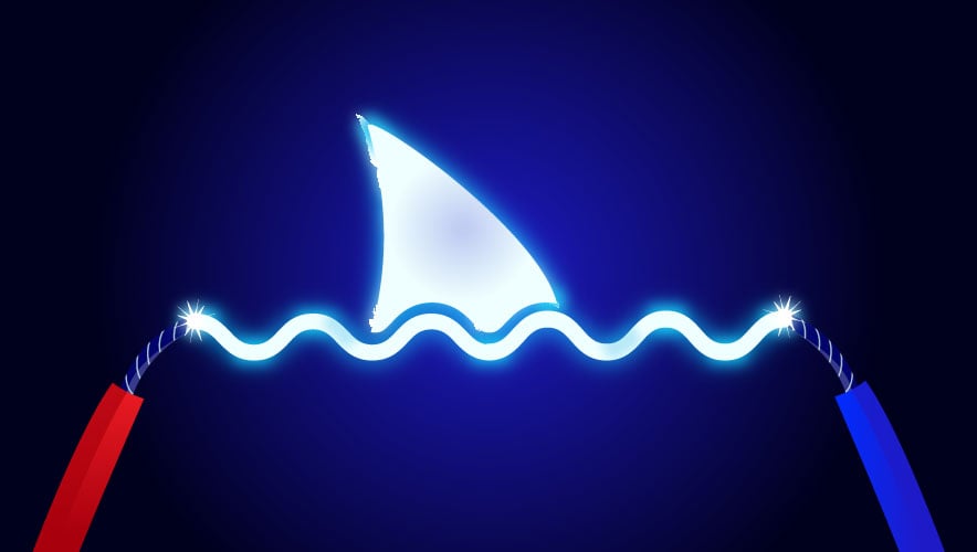Graphic representation featuring crimson and azure wires positioned several inches apart, emitting a sinuous white electrical charge that connects them. Within the undulating current, the silhouette of an electrified shark fin emerges prominently.