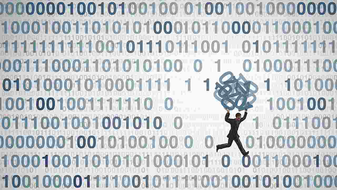 illustration of a suited male figure stealing a jumble of binary code out of orderly lines