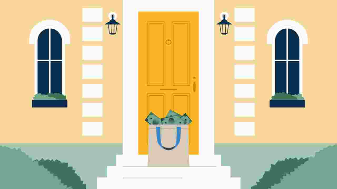 illustration of a shopping bag full of money left at a house's front door