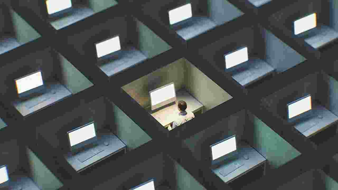 Illustration of a grid of office cubicles with one lonely office worker trapped at work